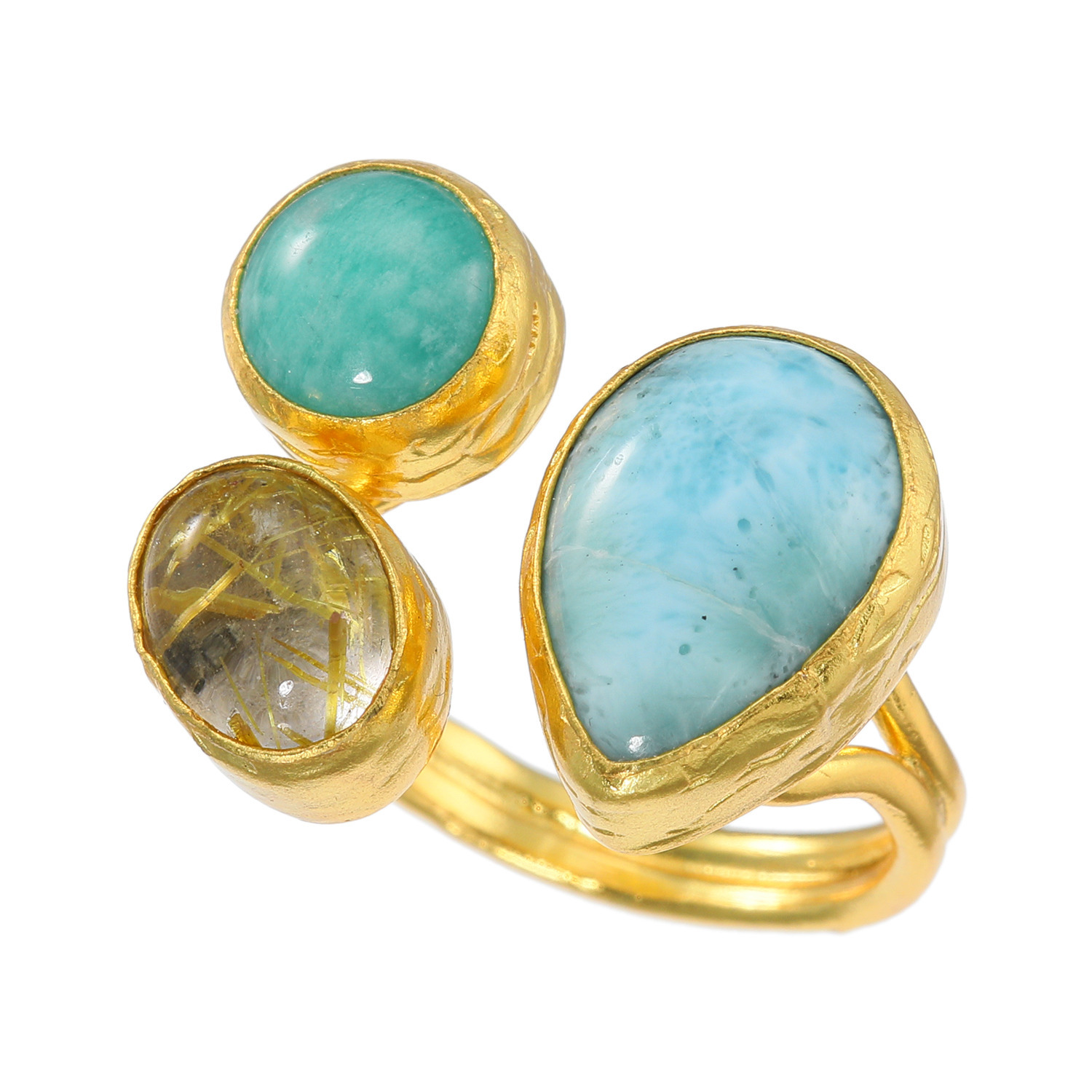 ミモッザジュエリー ラリマール＆ ルチルクォーツ＆ アマゾナイト トリプルストーン フレキシブルリング