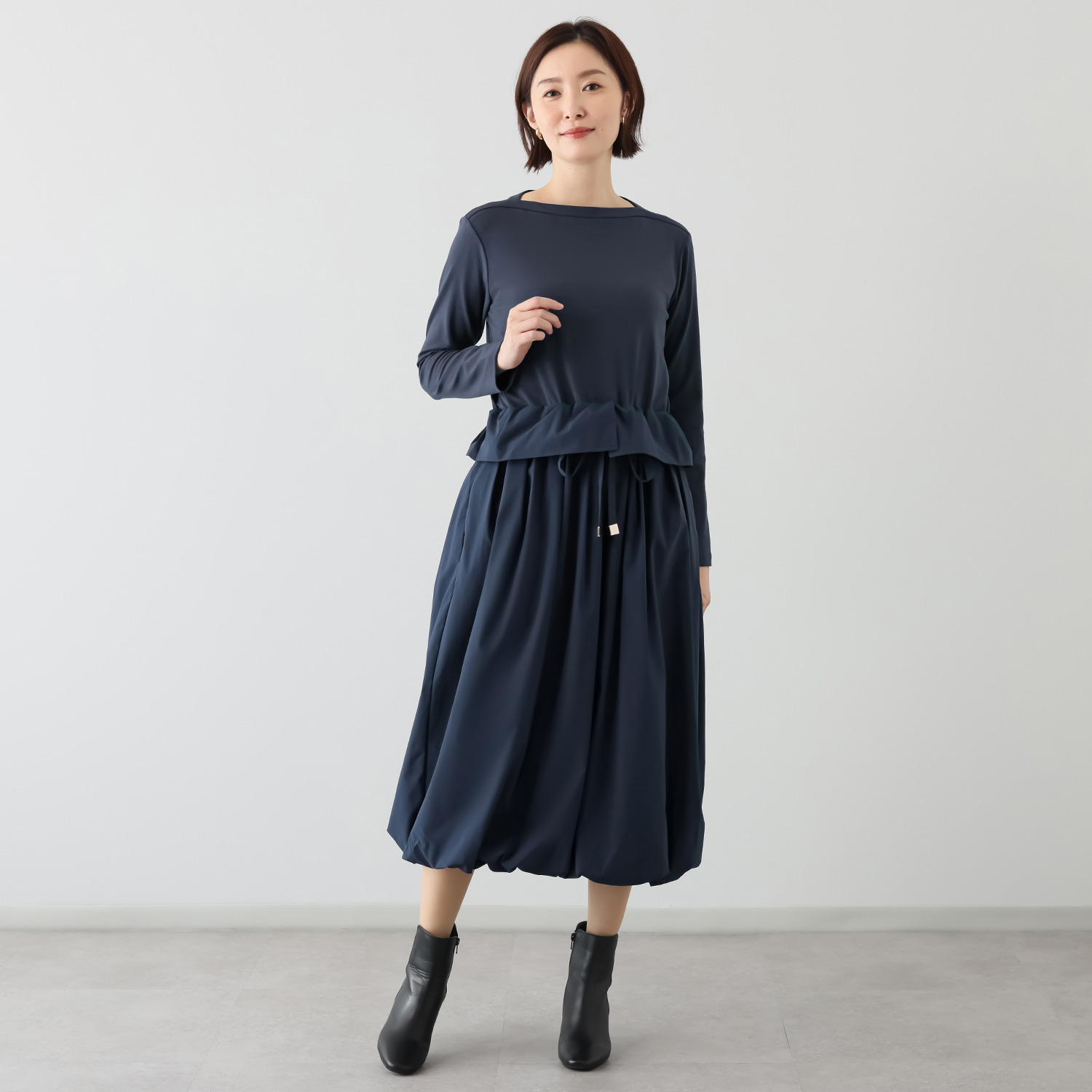 HeRIN.CYE 異素材ドッキングワンピース HeRIN.CYE Tuck sleeve docking dress BLK -ファッション通販