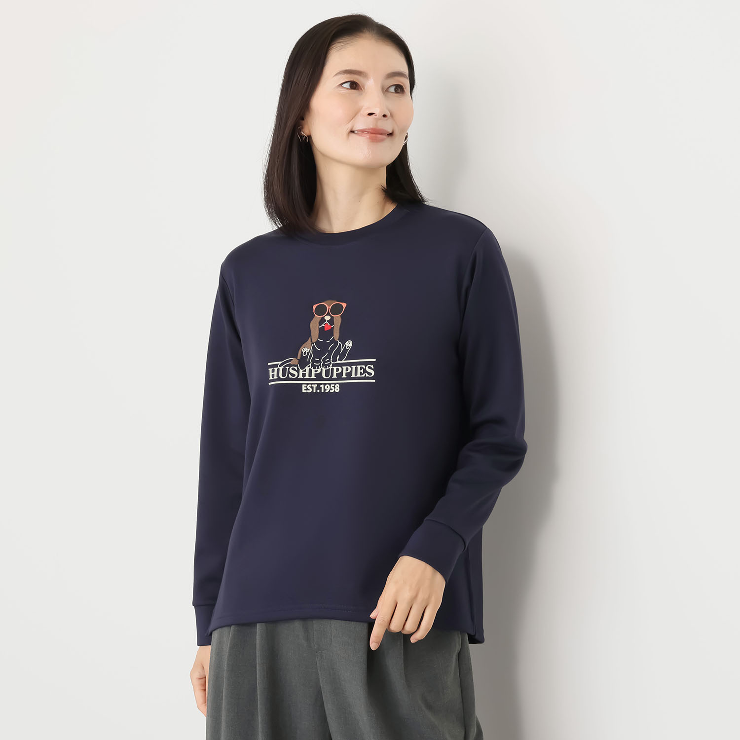 ハッシュパピー ドッグアイコン 刺しゅう＆プリント ロングＴシャツ