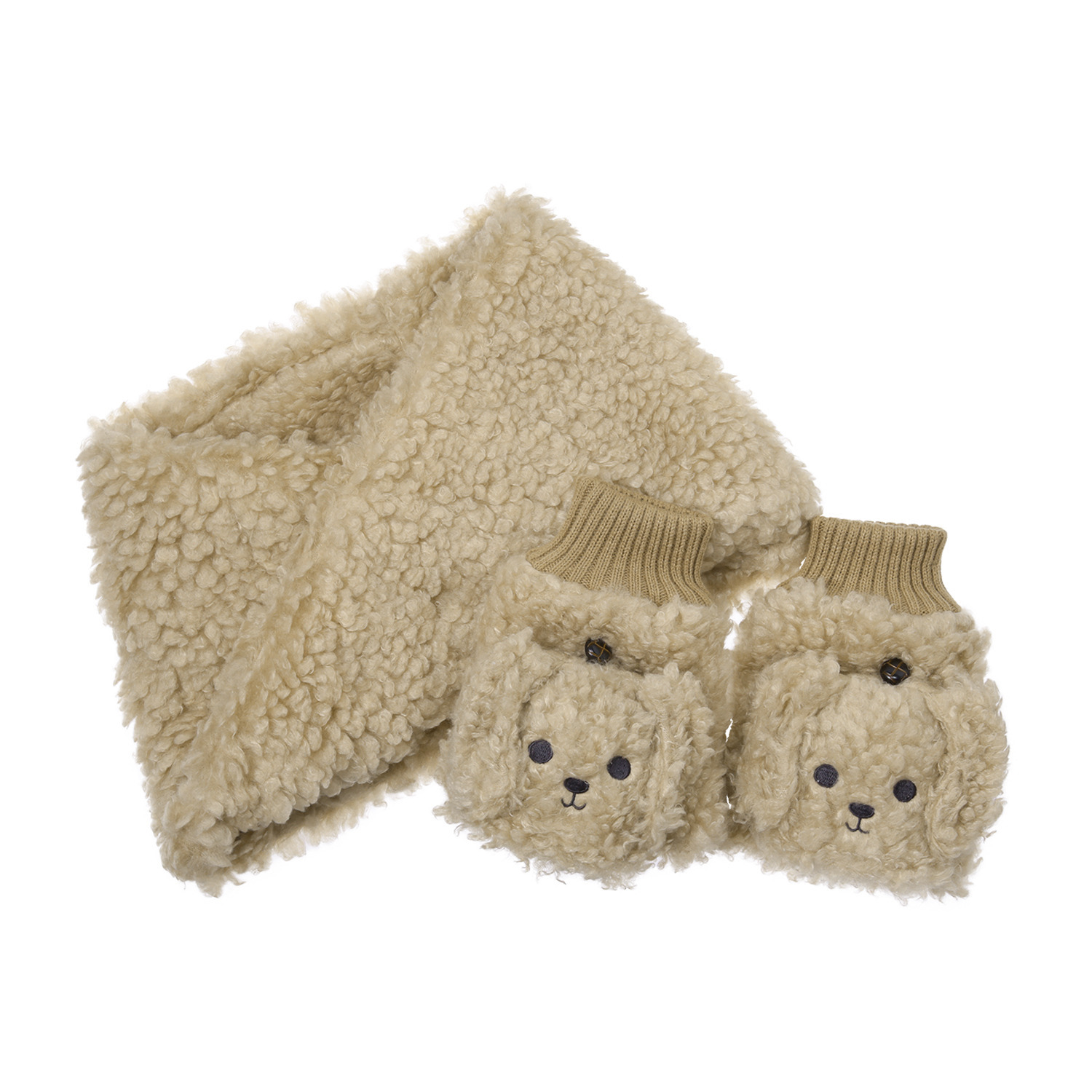 指先自由でらくらくスマホ フード付きで暖かい トイプードル もこもこミトン＆ スヌードセット
