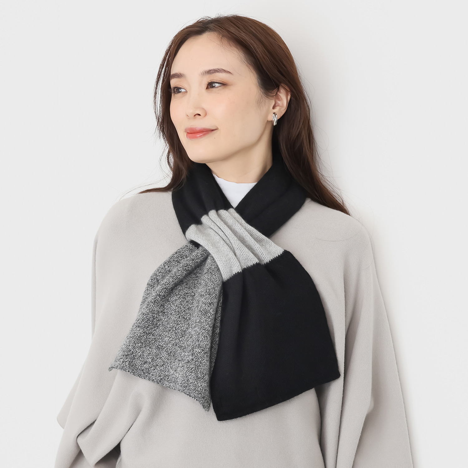 カシミア シルク ニットマフラー グレー/ブラック ハセガワ シルクカシミヤ 差し込みニットマフラー- ショップチャンネル