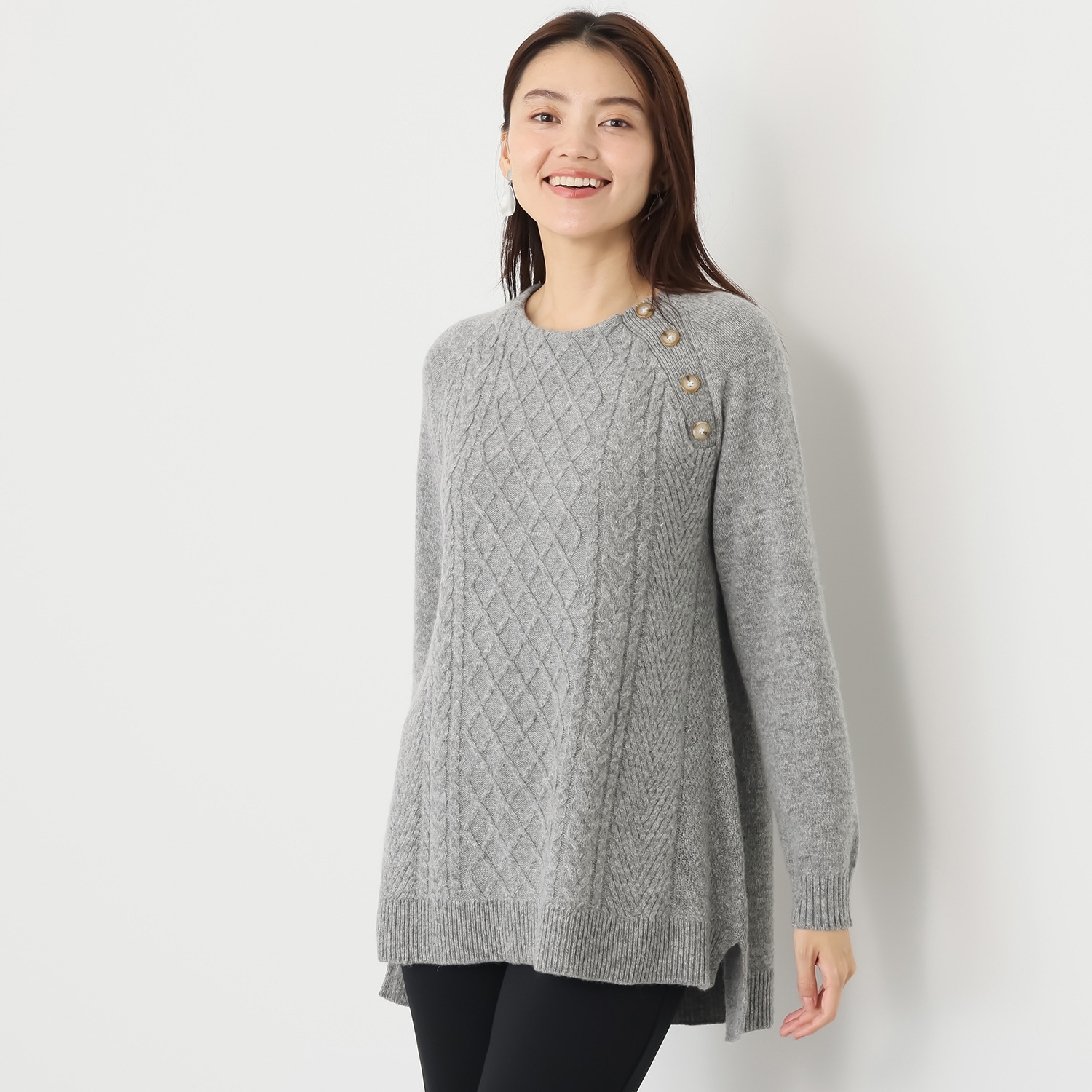 ルナリア ラムウール混 地柄　ボタン付 ニットチュニック プルオーバー