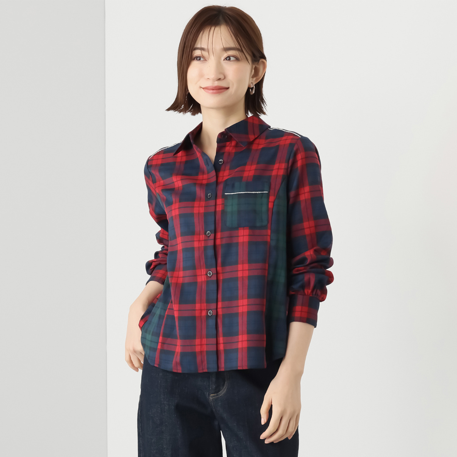 ミミコプラス ツイードチェック切替 キラキラテープアクセント 長袖