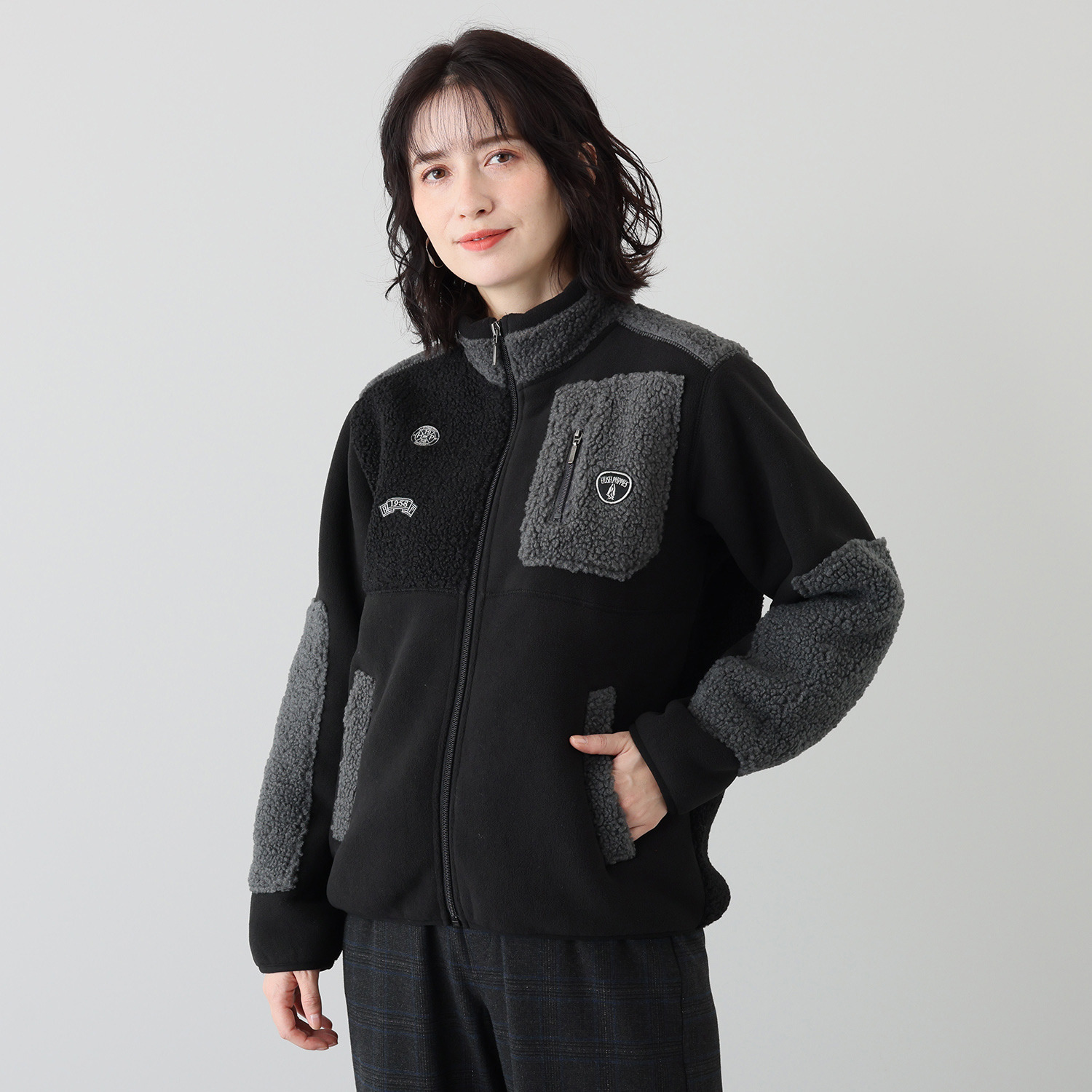 美品✦マークアンドロナ✦ボアフリースジャケット＆スカートセットアップ ハッシュパピー 異素材切替 ボアアクセント ジャケット- ショップ