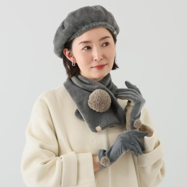 グローブデポ ストレッチベロア生地 指出る手袋とベレー帽＆ ショートマフラー ３点セット