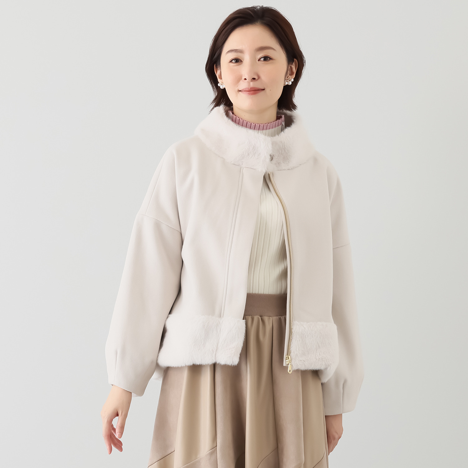 ラヴィーコンフォート ミンク調エコファー＆ ウールライクフラノＭＩＸ エレガントでガーリーな ジャケット