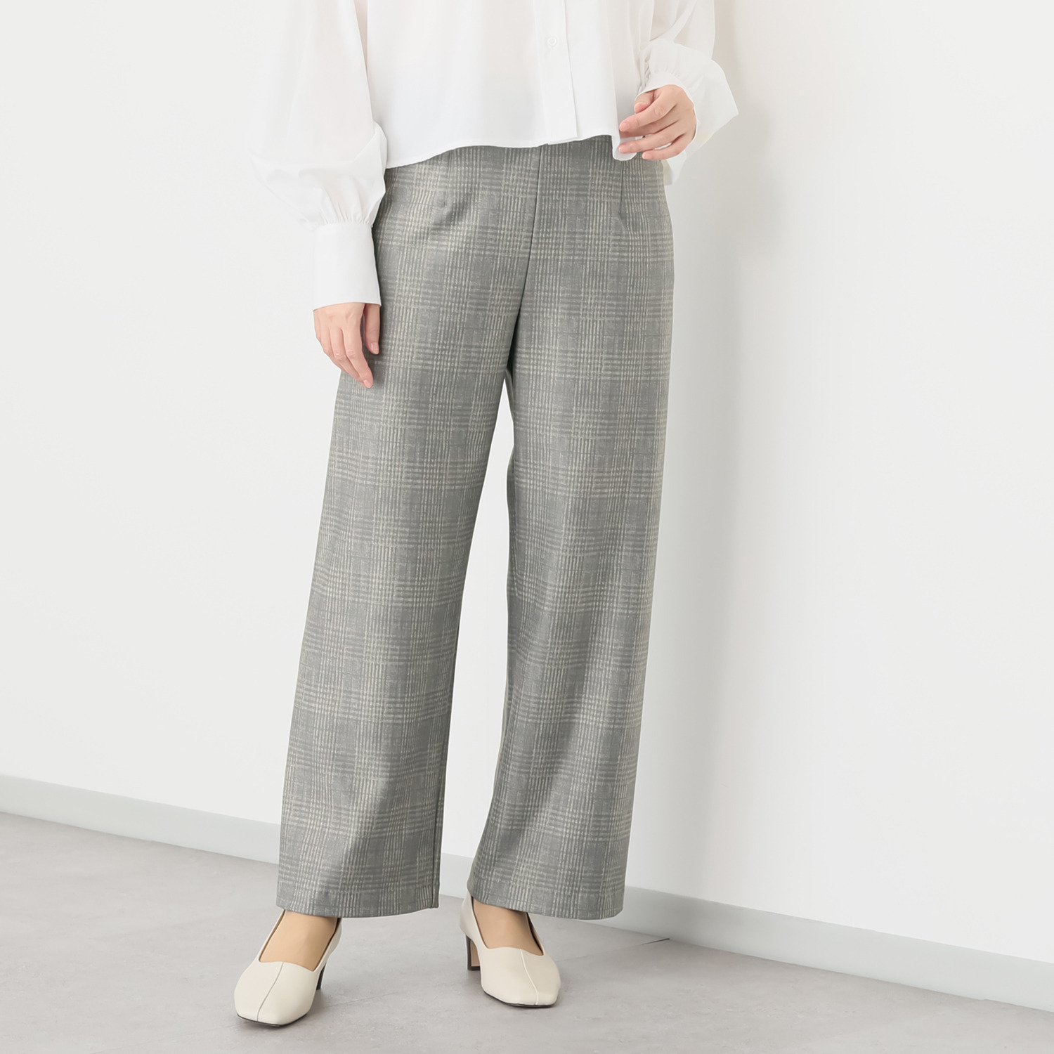 ピーツー チェックプリント 裏微起毛セミワイドパンツ