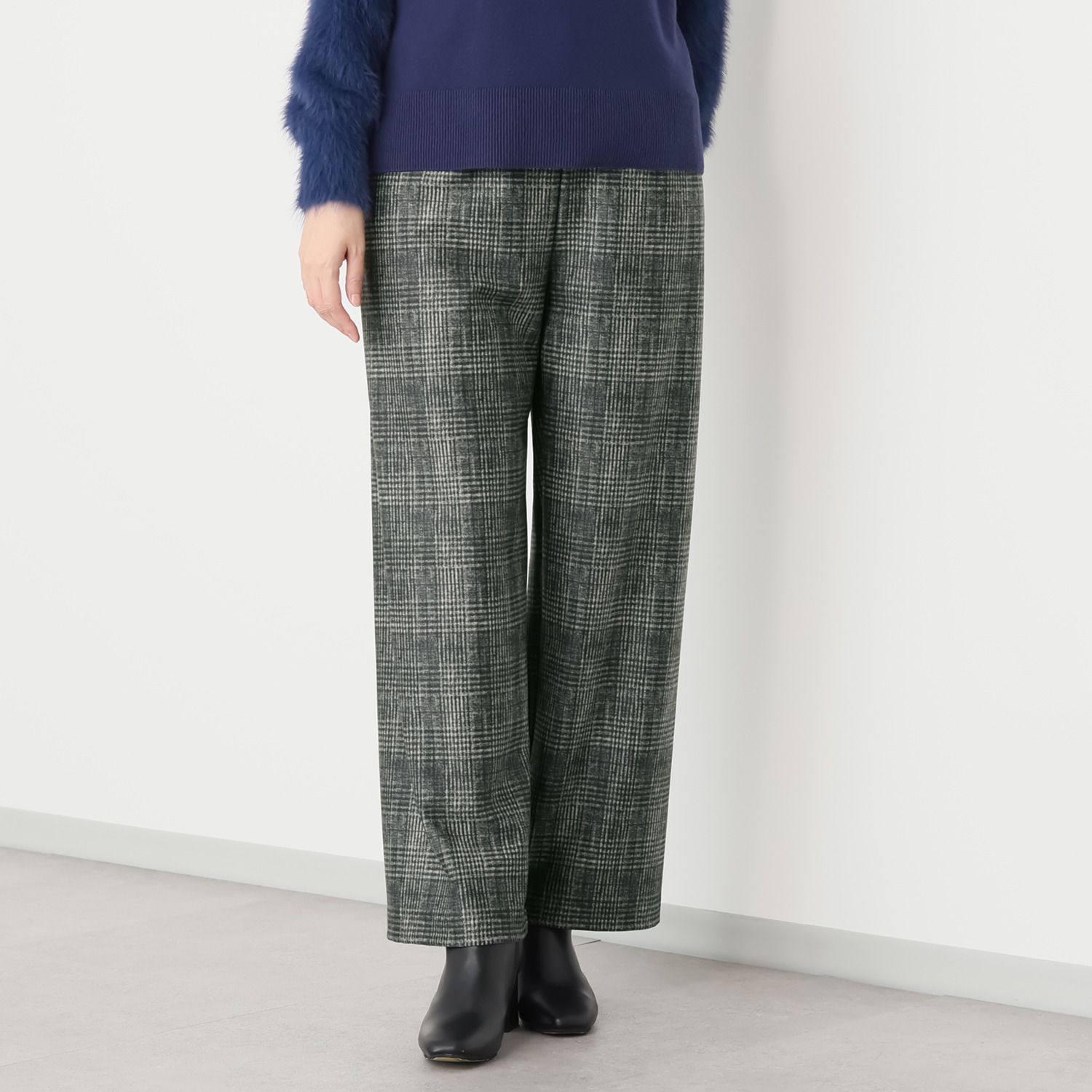 ピーツー チェックプリント 裏微起毛セミワイドパンツ