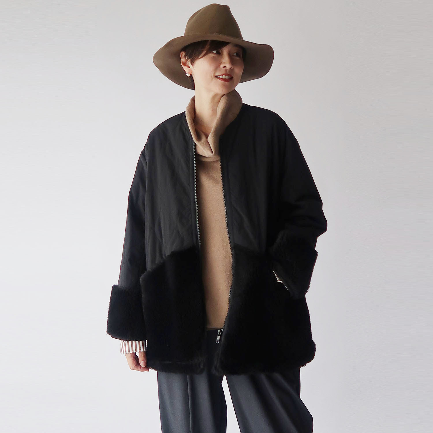 クワンティシ 異素材ミックス キルティング ショートコート- ショップ