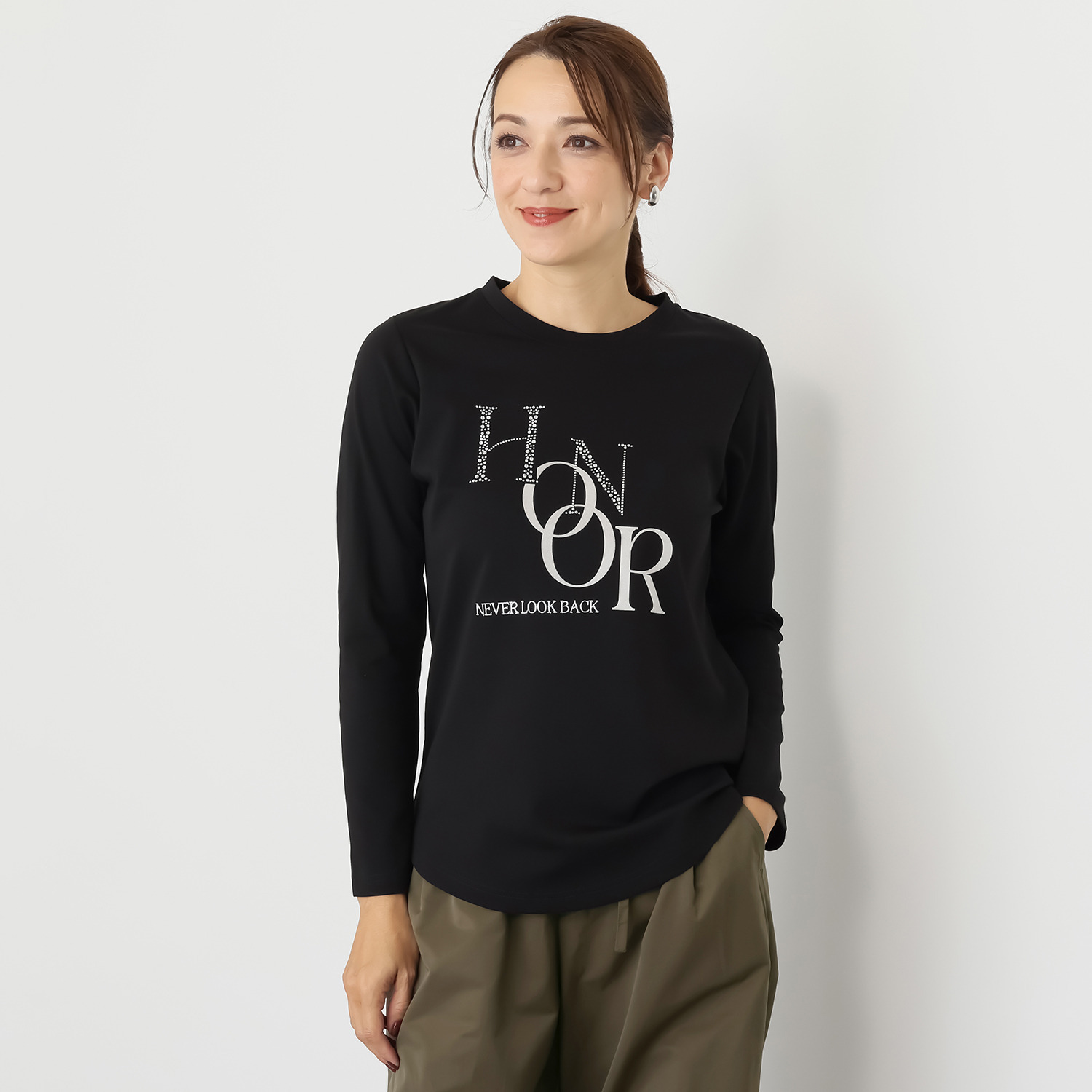 ヘブンアンドアース ラインストーンモティーフ メッセージ ロングＴシャツ