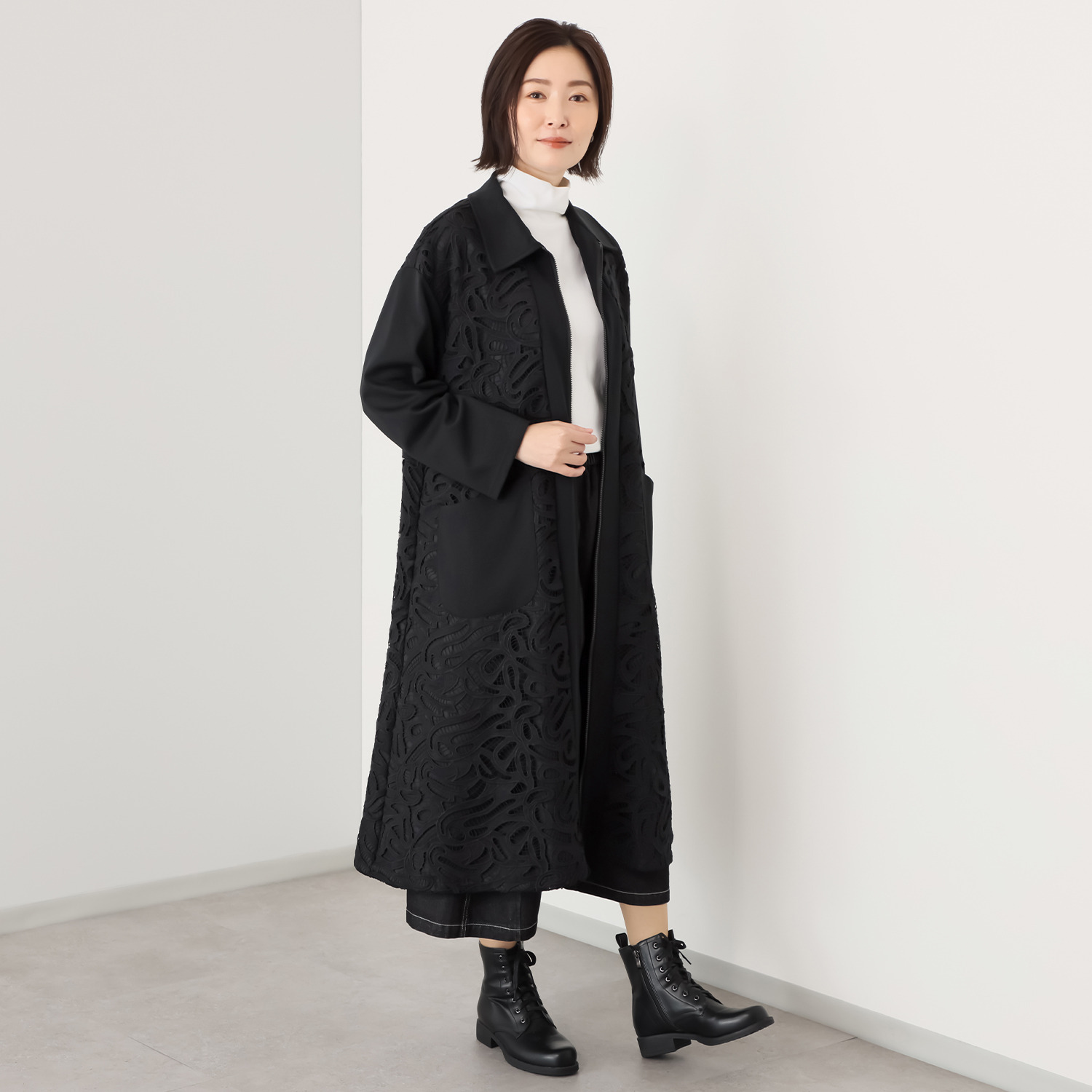 ベルデニム レース切替 オーバーサイズシルエット デザインコート