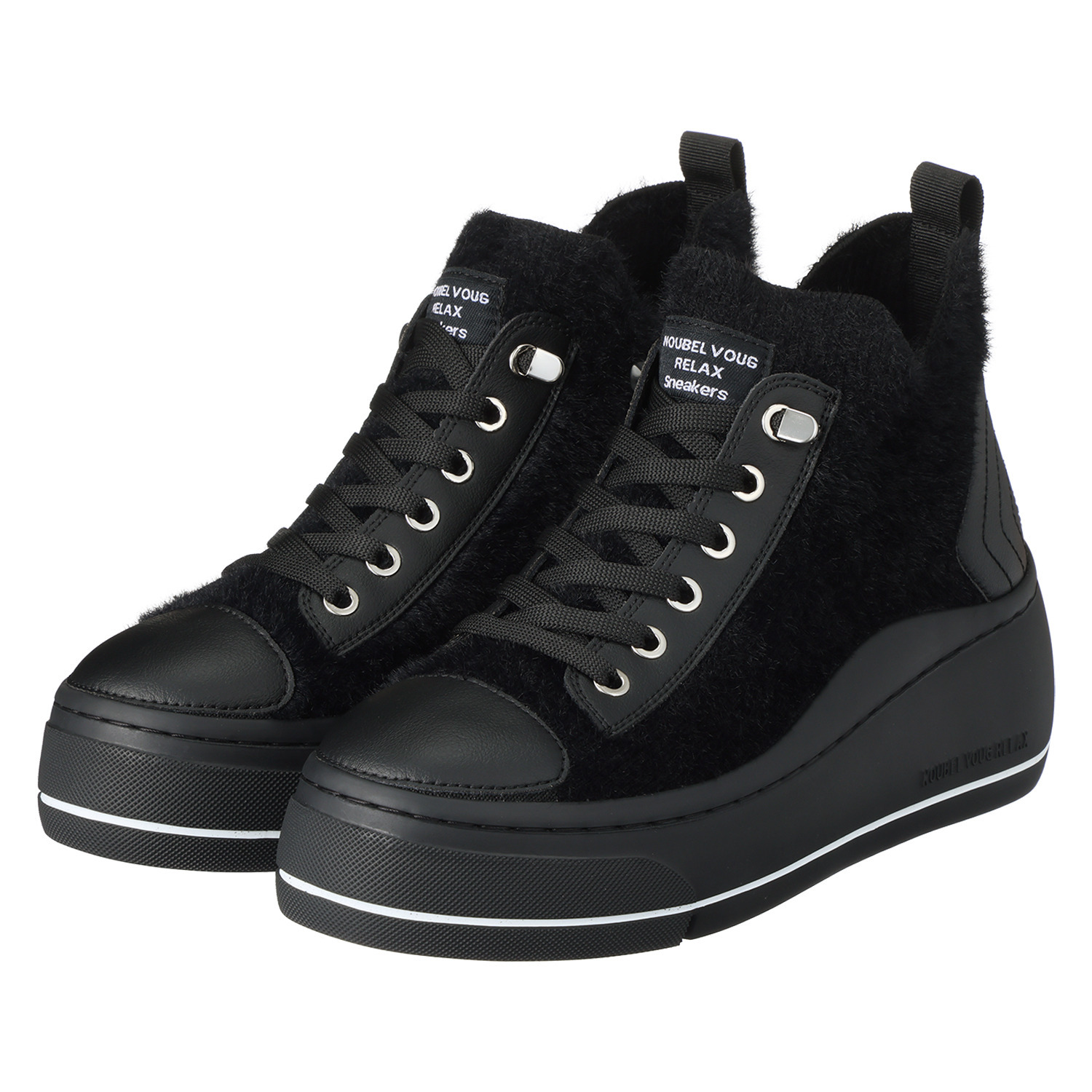 ヌーベルヴォーグ リュクスライン ふわふわモコモコニット＆ 牛革 解かずに履ける 厚底スニーカーブーツ