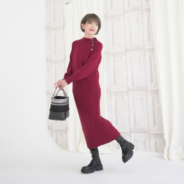 エムズ　スタイル ボタンアクセント リブ編切替デザイン ニットワンピース