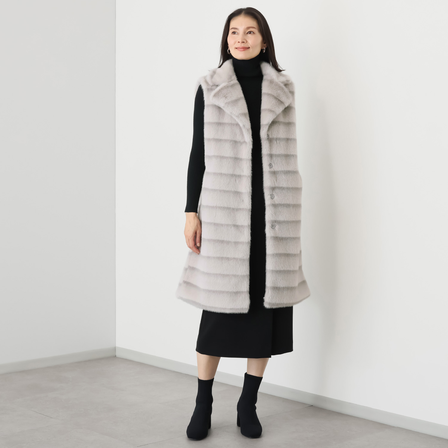 マリエール ミンク調エコファー テーラードカラー ロングベスト