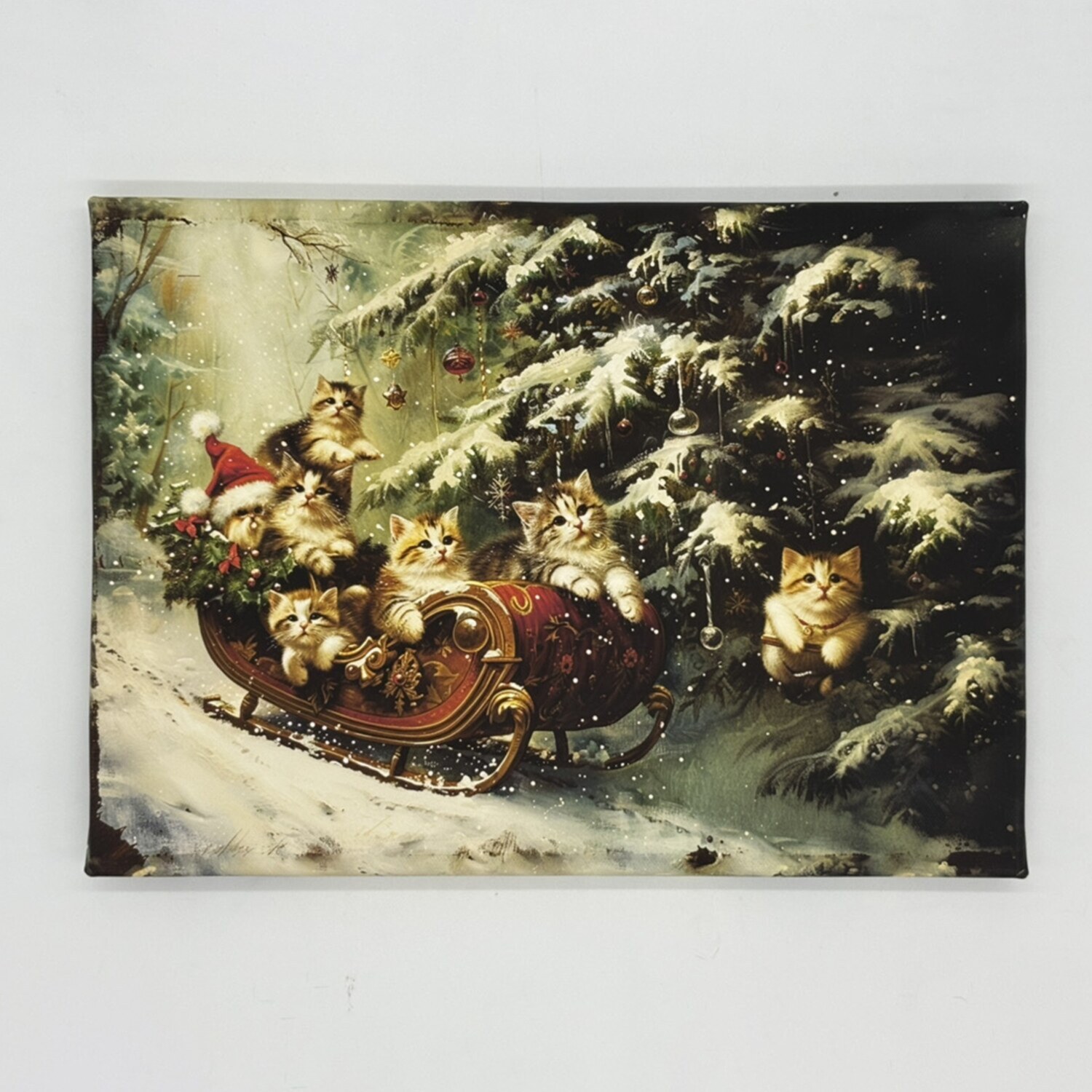 インテリアアート サンタ猫 “クリスマスのソリ” ＜約24×33cm