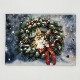 インテリアアート サンタ猫 “クリスマスリース” ＜約２４×３３ｃｍ＞