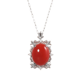 香瑚 プラチナ９００ ２カラットＵＰ 高知県産血赤珊瑚＆ ダイヤモンド オーバルペンダント
