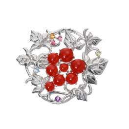 香瑚 シルバー 高知県産血赤珊瑚＆ マルチジェム ぶどうモティーフ ペンダントブローチ