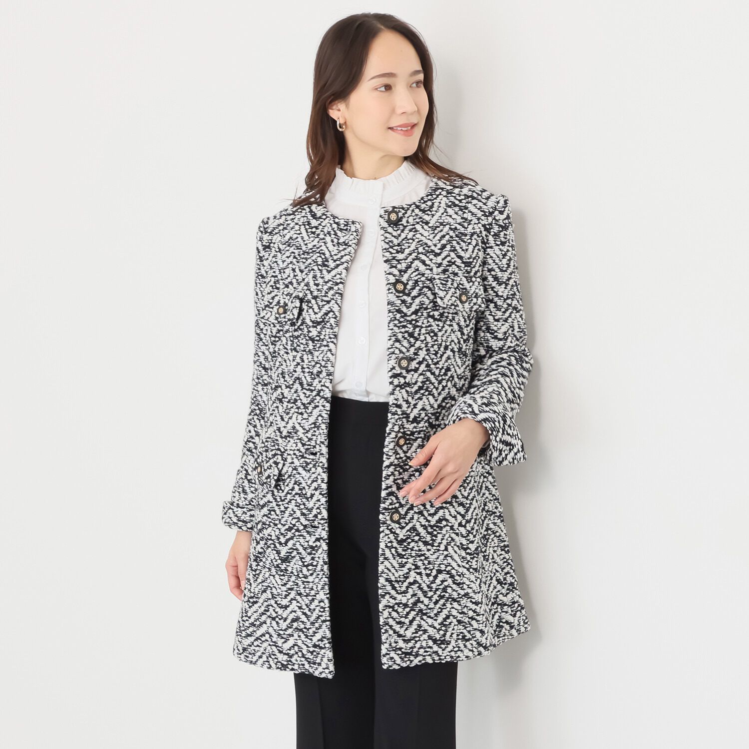 マダムヒロコ イタリア製ツイード ノーカラー コートジャケット