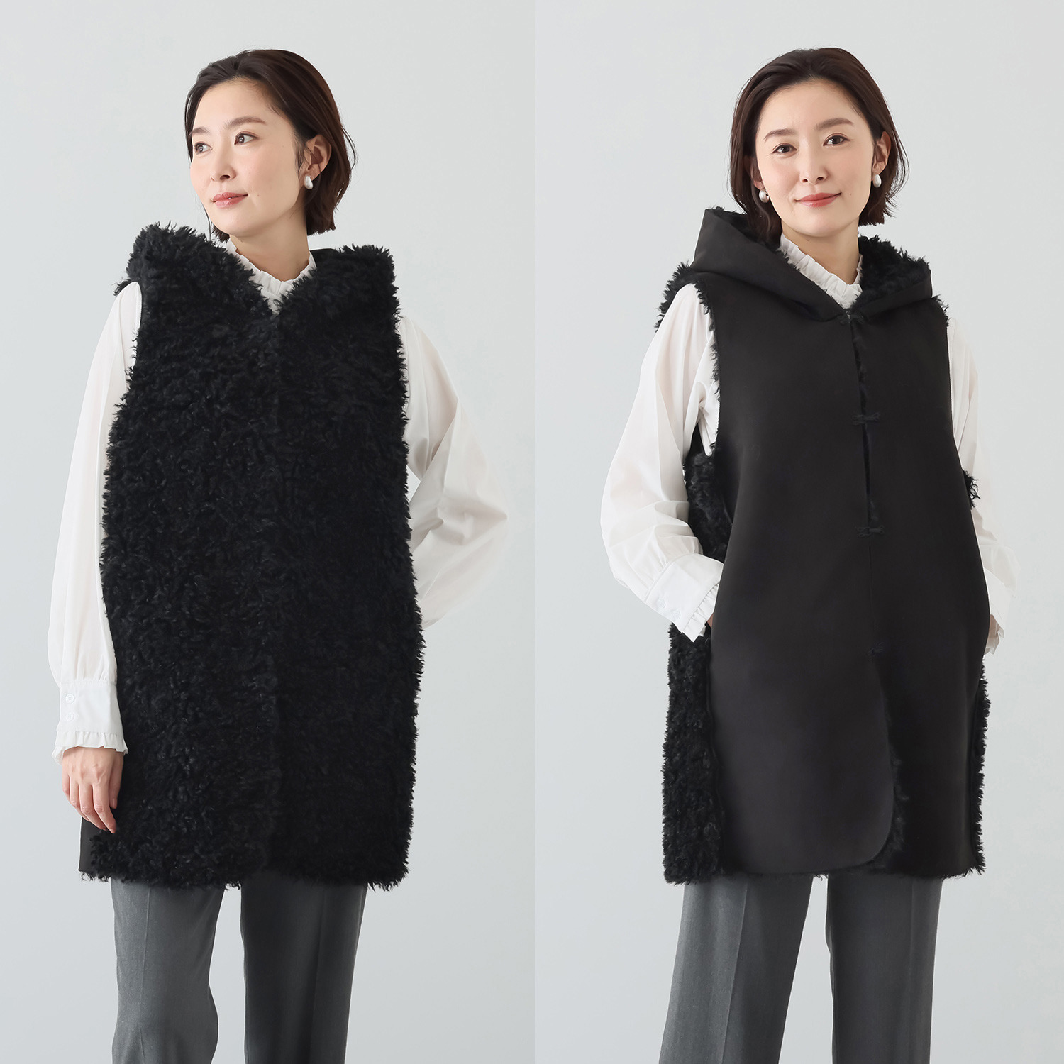 マリエール エコファー フード付 リバーシブル ロングベスト