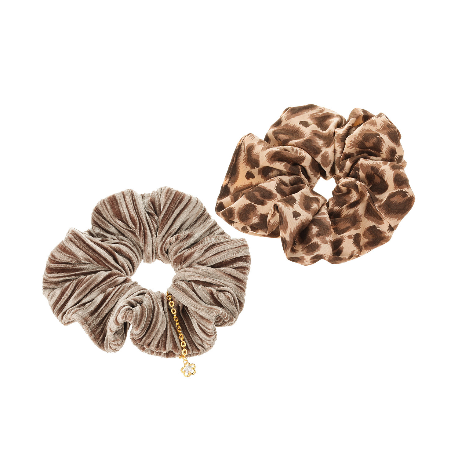 シマ・リリアーナ レオパード柄＆ チャーム付 ベルベットシュシュ ２点セット