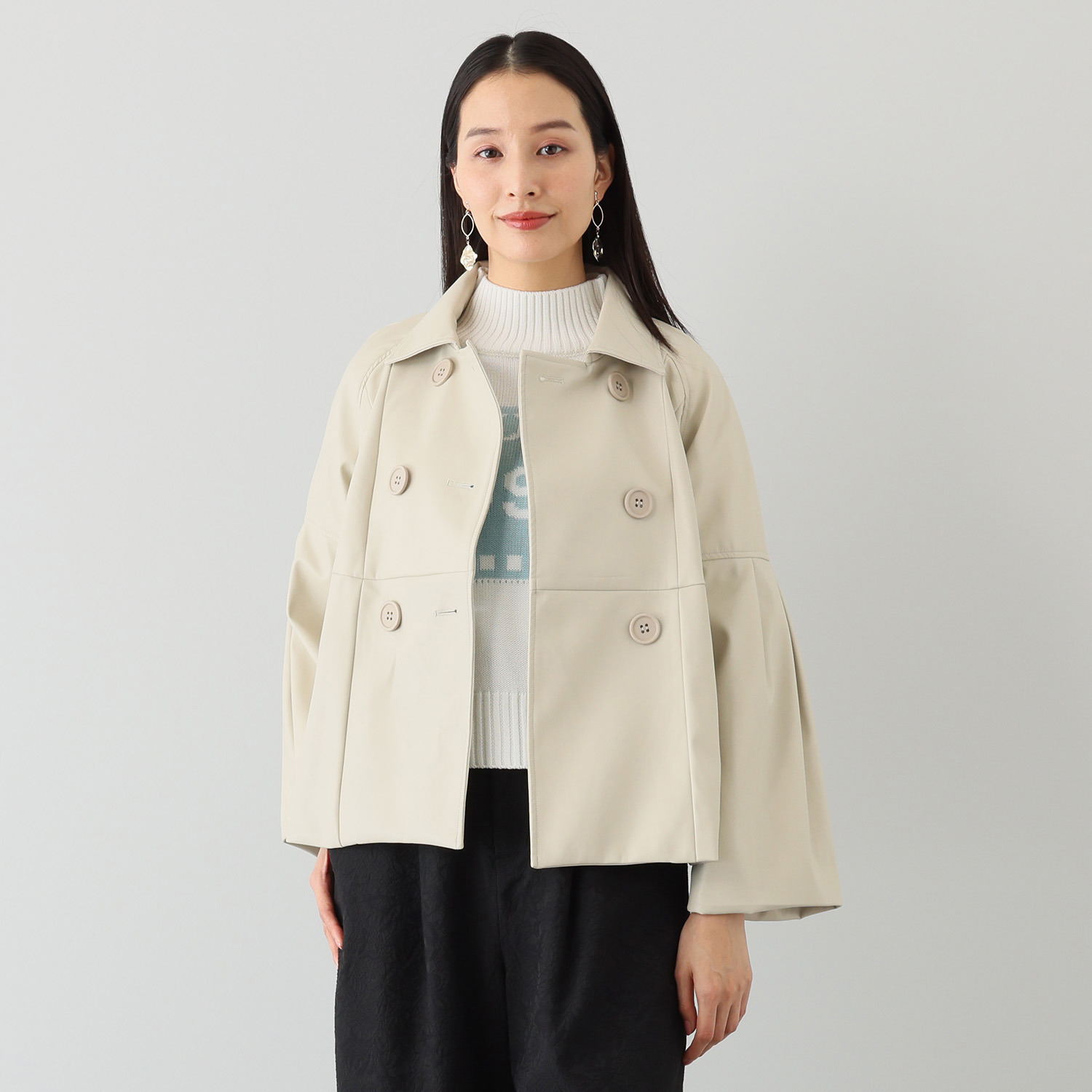 ブルーコレクション しなやかに！華やかに！ フェイクレザー ダブルブレスト ミドルジャケット