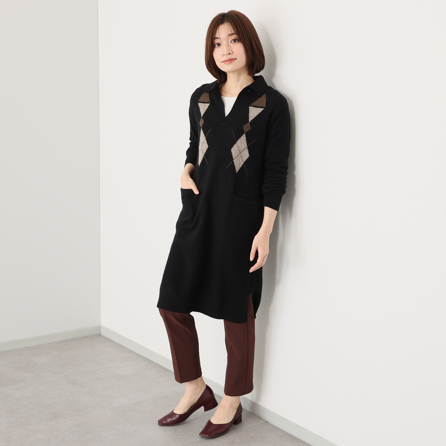 アズイズ　ビーマイセルフ バイ　ネイチャーズ モンゴルヤク インターシャ柄 襟付ワンピース