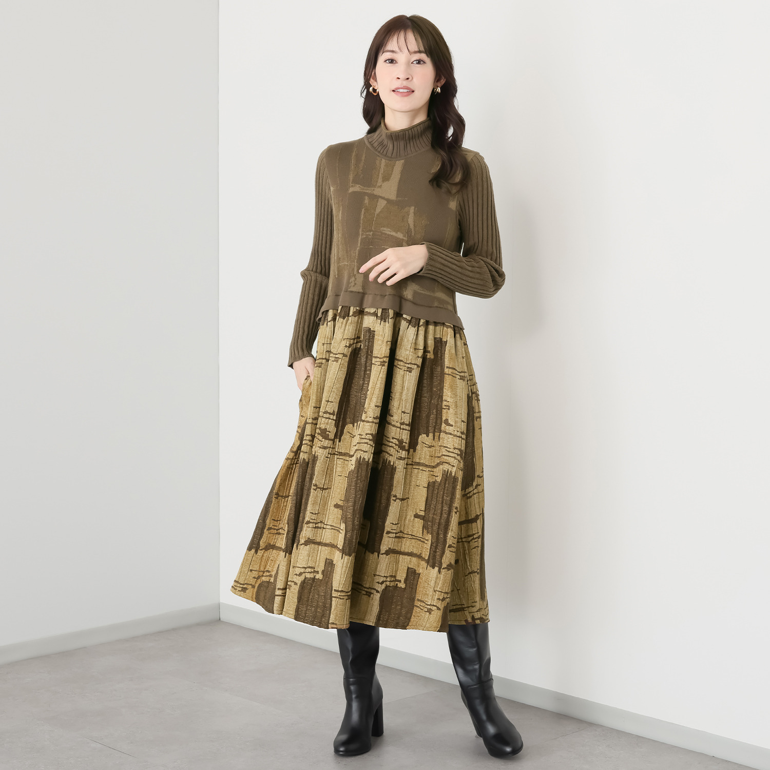 ヨシヨシ バイ　ピージェイ 異素材切替 上下切替 デザインワンピース