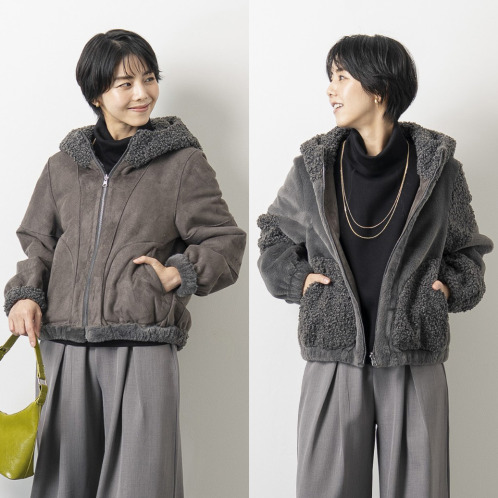 ゼラールスポーツ フェイクムートン リバーシブルで楽しめる ファー切替デザイン 裾ギャザー フーディーブルゾン