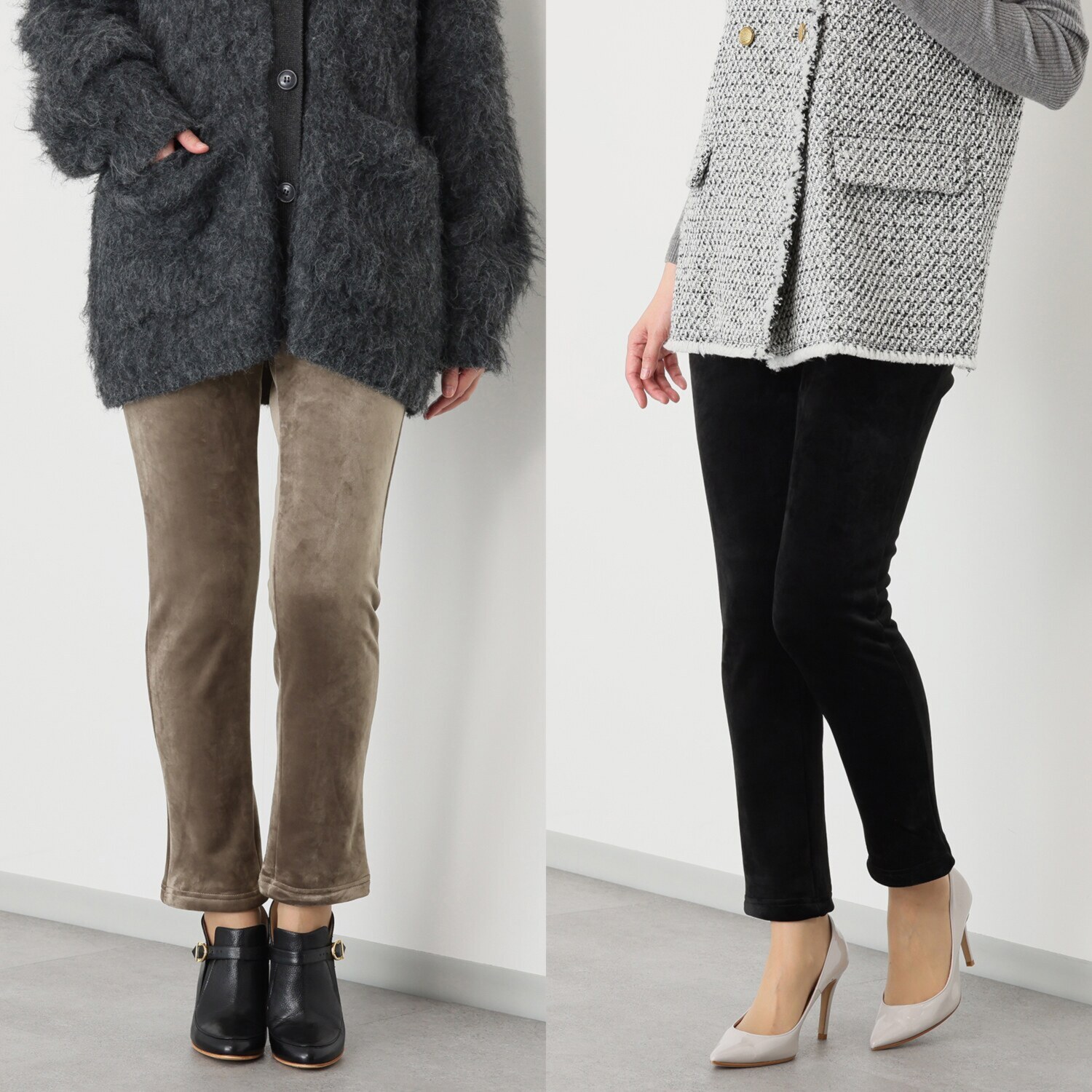 アトリエール 蓄熱保温 両面ベロア スタイリッシュ スリムパンツ２枚セット