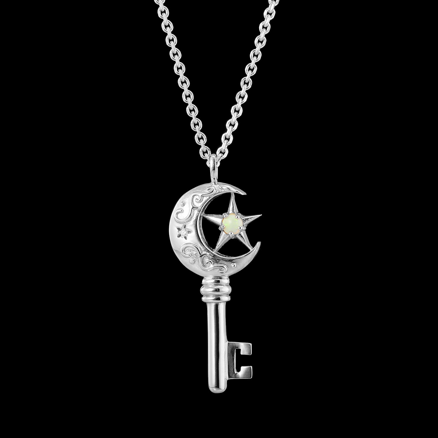 ドルチェモダール シルバー オパール＆ＣＺ 鍵モティーフ 星月ロングネックレス