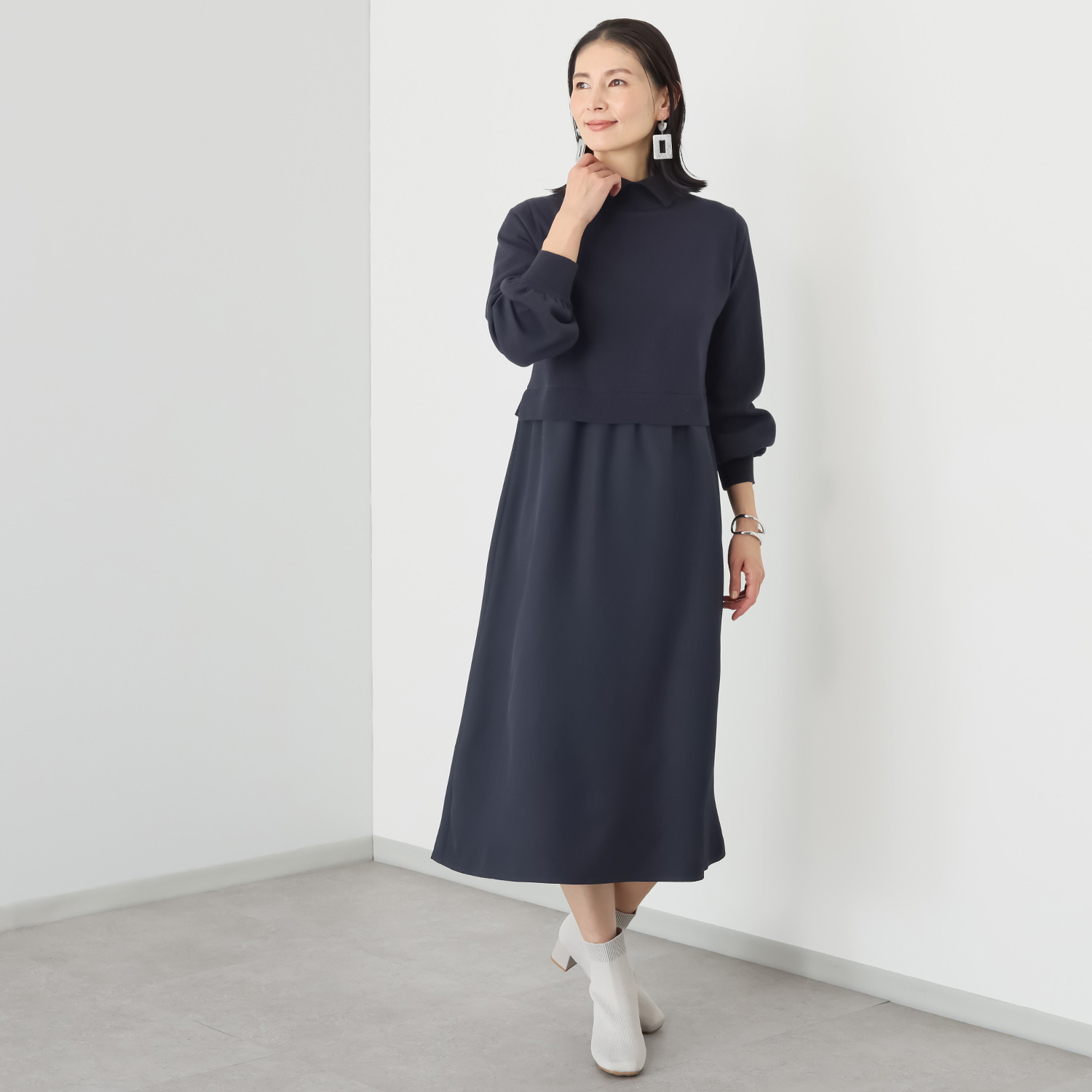 スピンブルー 贅沢な超長綿ブレンド！ ニット×ジョーゼット レイヤード風 ロングワンピース