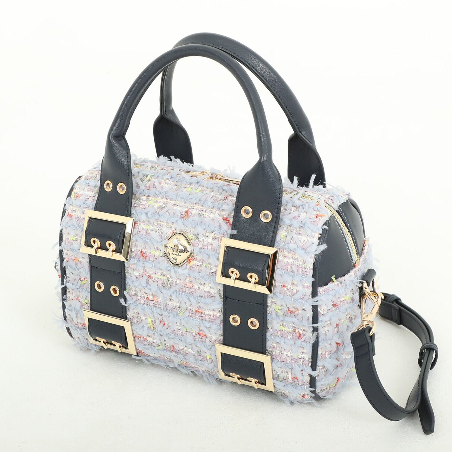 マダムミーナ ファンシーツイード バックルアクセント ショルダーストラップ付 ミニボストンバッグ