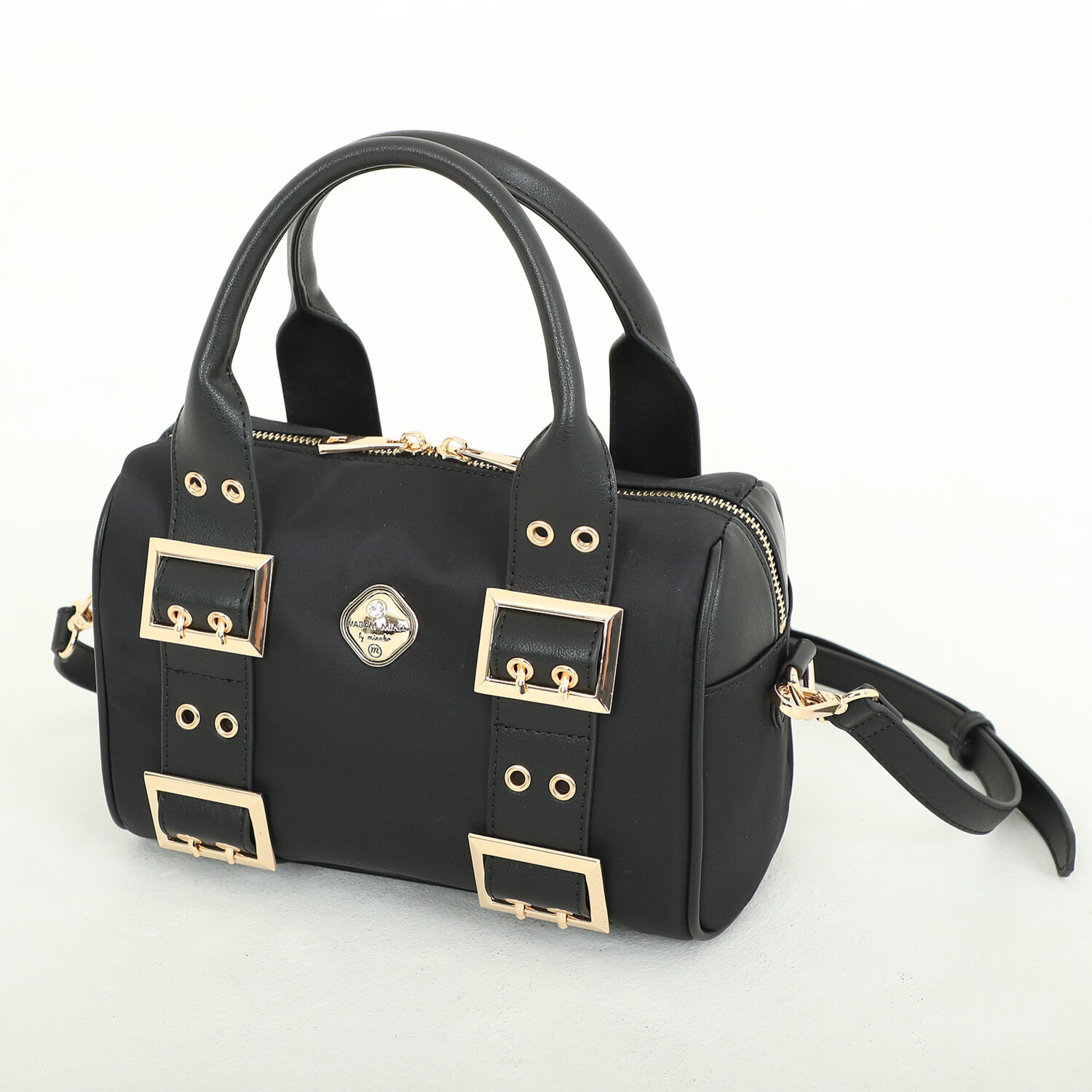 マダムミーナ 高密度ツイル バックルアクセント ショルダーストラップ付 ミニボストンバッグ