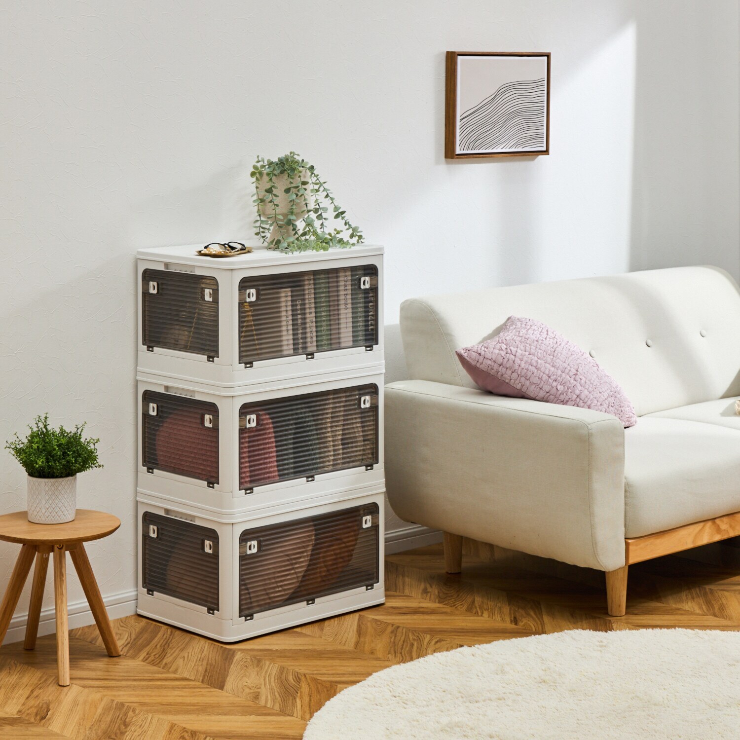 側面・天面５か所 全てオープン構造で 出し入れ楽々♪ コンテナフルオープン ボックス ３個セット ＜Ｌサイズ＞