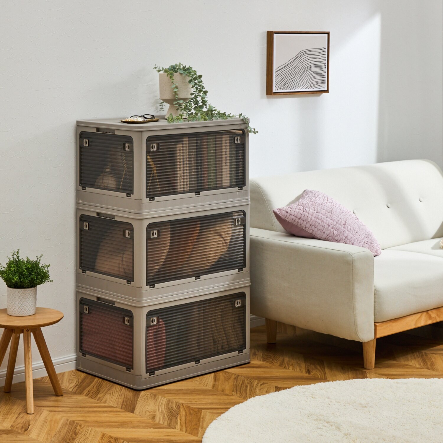 側面・天面５か所 全てオープン構造で 出し入れ楽々♪ コンテナフルオープン ボックス ３個セット ＜ＸＬサイズ＞