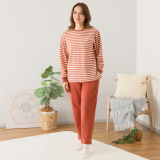 裏側綿１００％ ボーダー柄 柔らかダンボールニット 腹巻付デザインで あったか！ ルームウェア上下セット