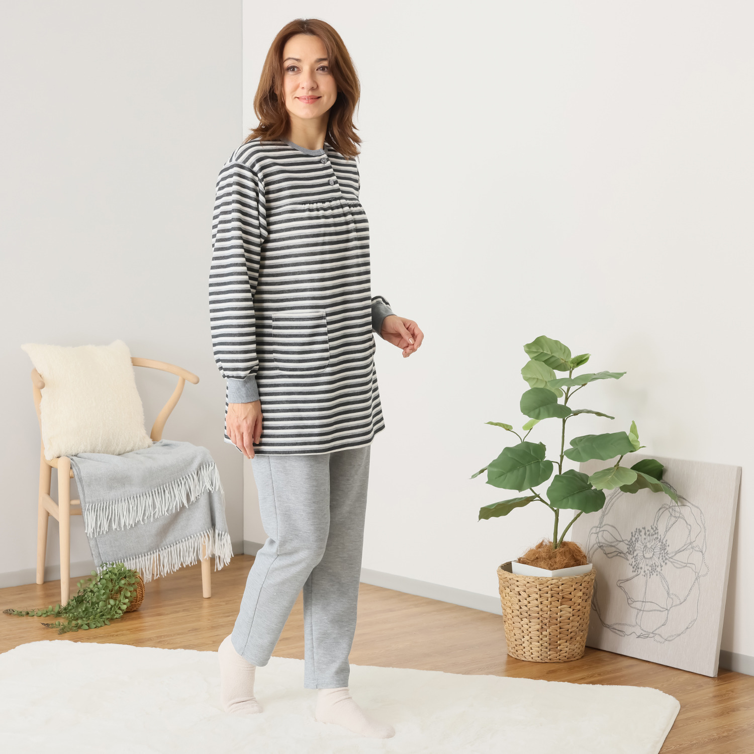 裏側綿１００％ ボーダー柄 柔らかダンボールニット チュニックデザイン ルームウェア上下セット