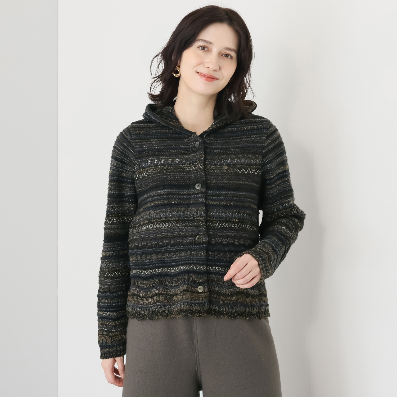 イイネス ランダムボーダー フード付カーディガン