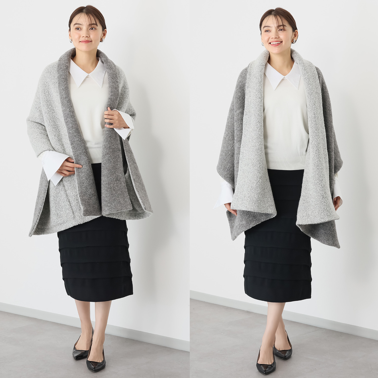 マダムヒロコ アルパカウール混 リングヤーン ダブルフェイス素材 リバーシブルケープコート