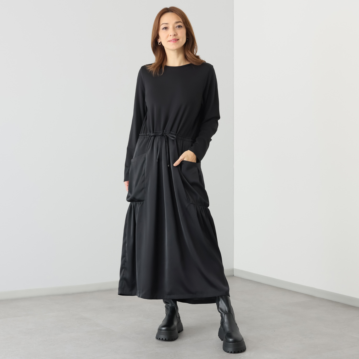 ヨウゾウカタブキ サテン切替 ドレープワンピース