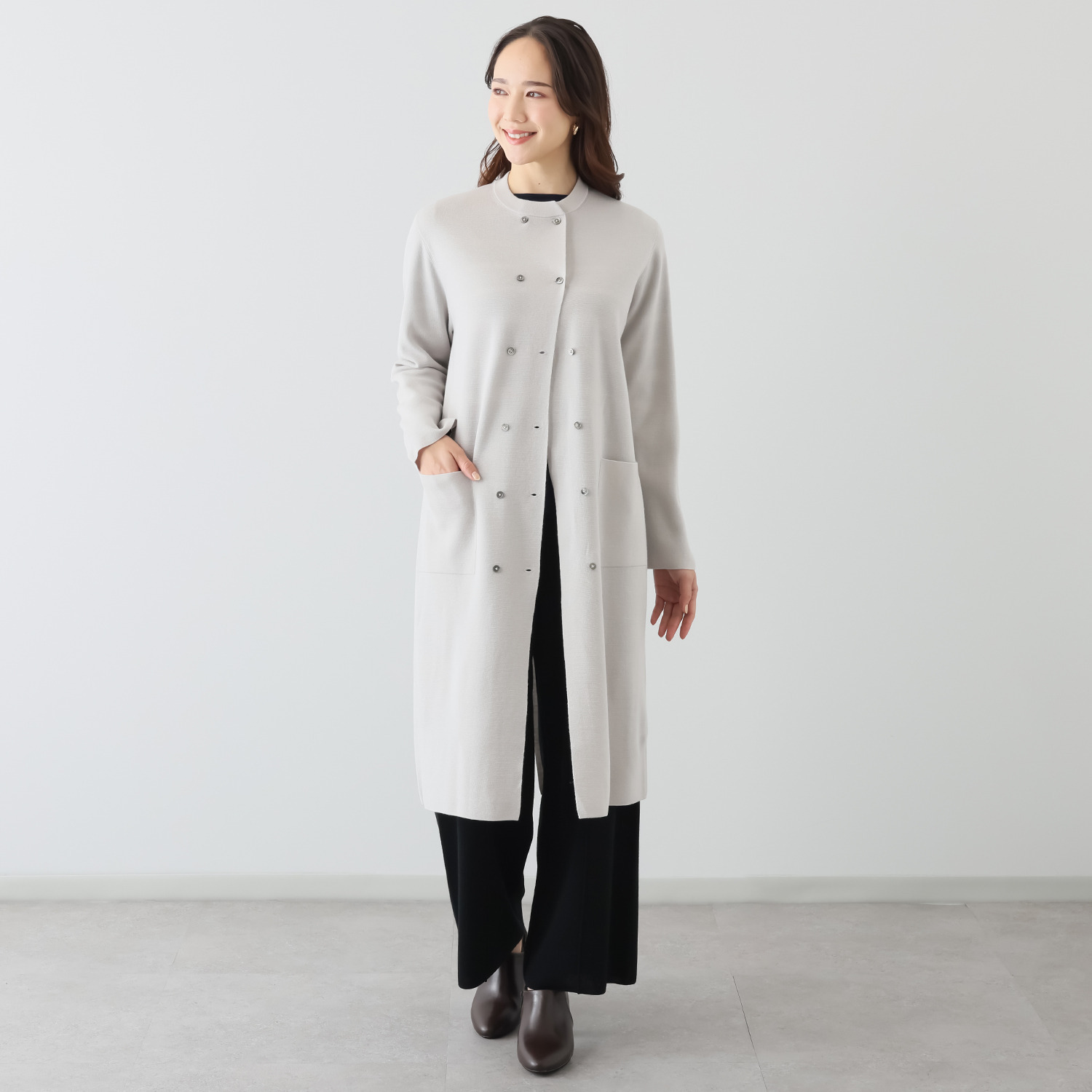 アズイズ　ビーマイセルフ バイ　ネイチャーズ ウールシルク ミラノリブ ダブルボタン使いコート