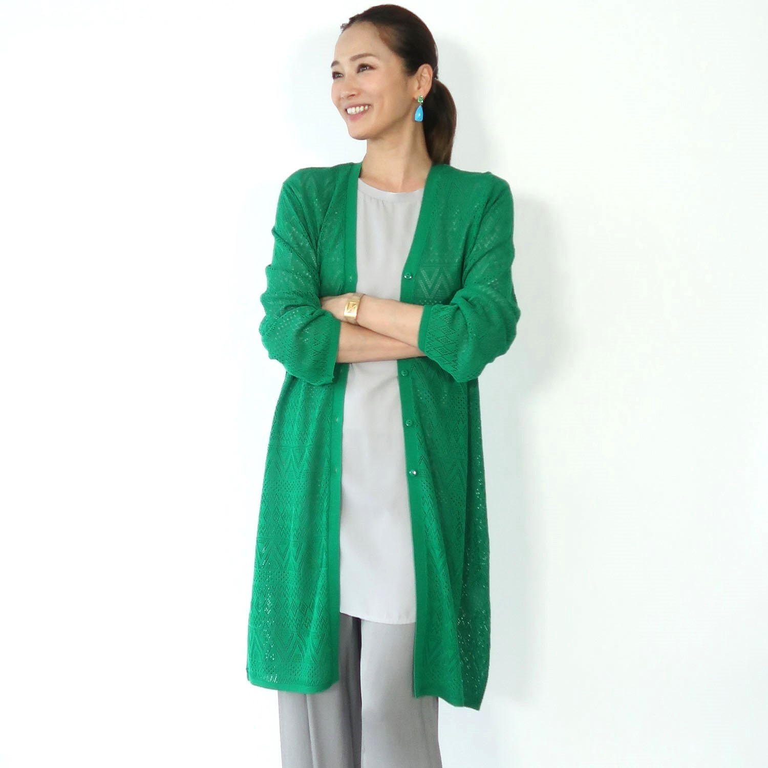 CHANEL オリーブグリーン 長袖ロングニットカーディガン CHANEL オリーブグリーン 長袖ロングカーディガン