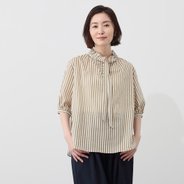 イフェメル／ ダブルフェーストーキョー 日本製 ストライプ柄 フリルアクセント ボウタイブラウス