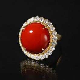 香瑚 １８Ｋ 高知県産血赤珊瑚＆ ダイヤモンド ラウンドカボションリング ＜鑑別書付＞