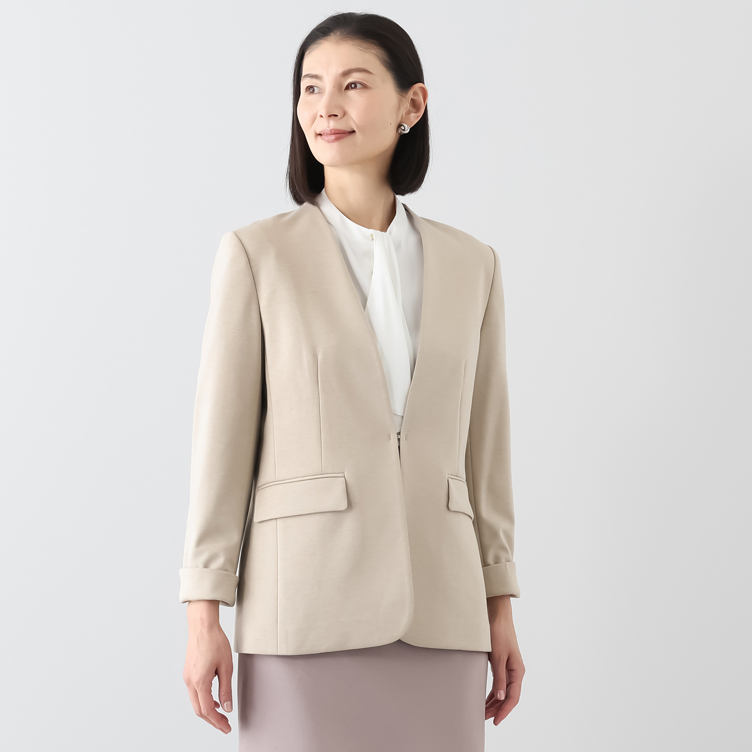 ポルトゥヴィーダ ウォッシャブル・はっ水 防汚・ニット素材 ノーカラージャケット