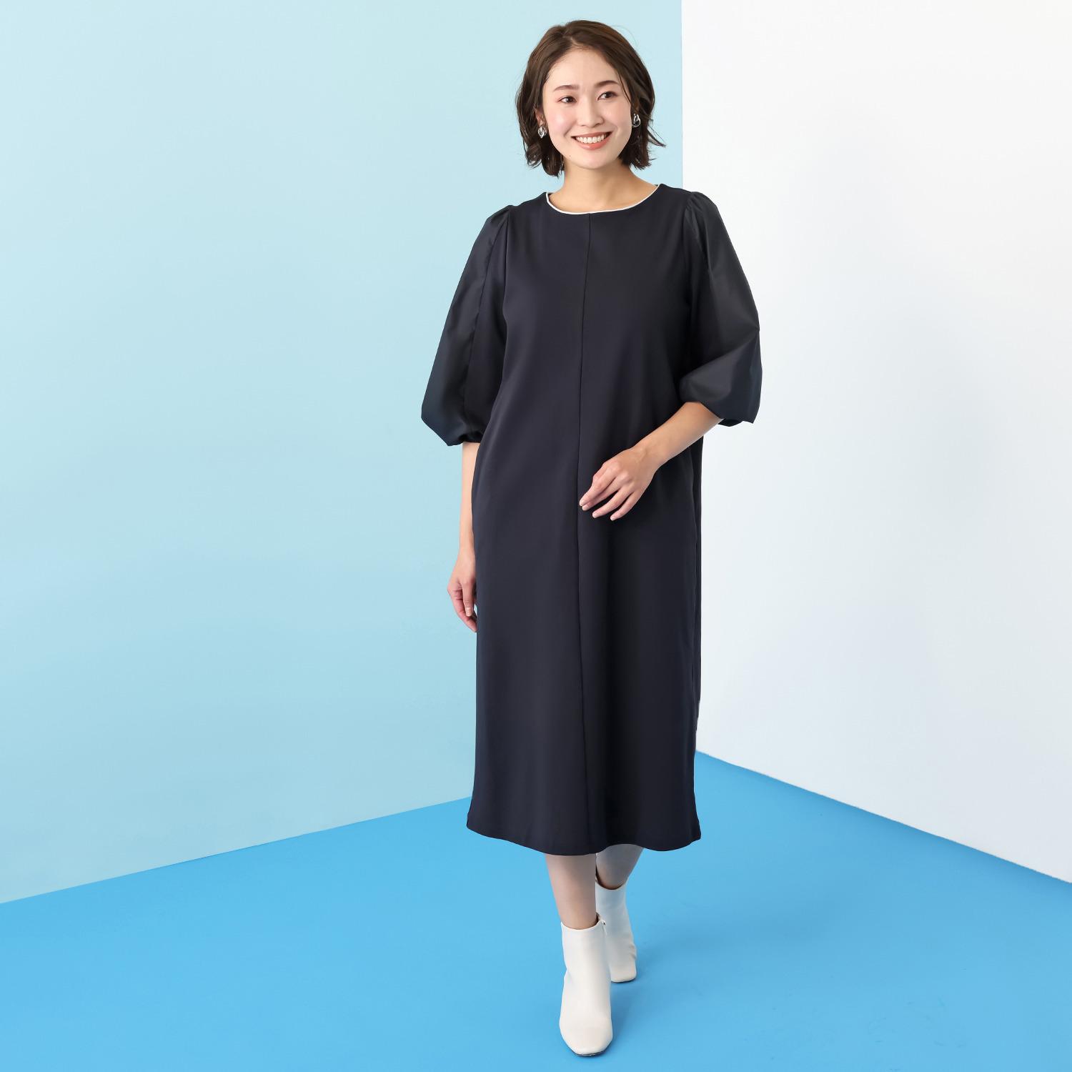 アンリック　オー　ブルー ソフトポンチ 異素材切替 袖コンシャスワンピース