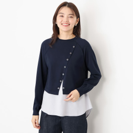 マイジュジュ 一枚で決まる！ シャツテイルレイヤード 飾りボタンアクセント ニットプルオーバー