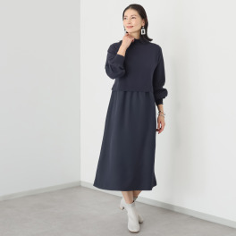 スピンブルー 贅沢な超長綿ブレンド！ ニット×ジョーゼット レイヤード風 ロングワンピース
