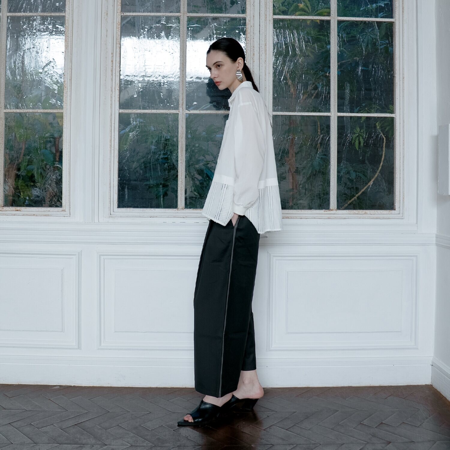 ヨウゾウカタブキ ダブルウエスト 配色アクセント イージーワイドパンツ